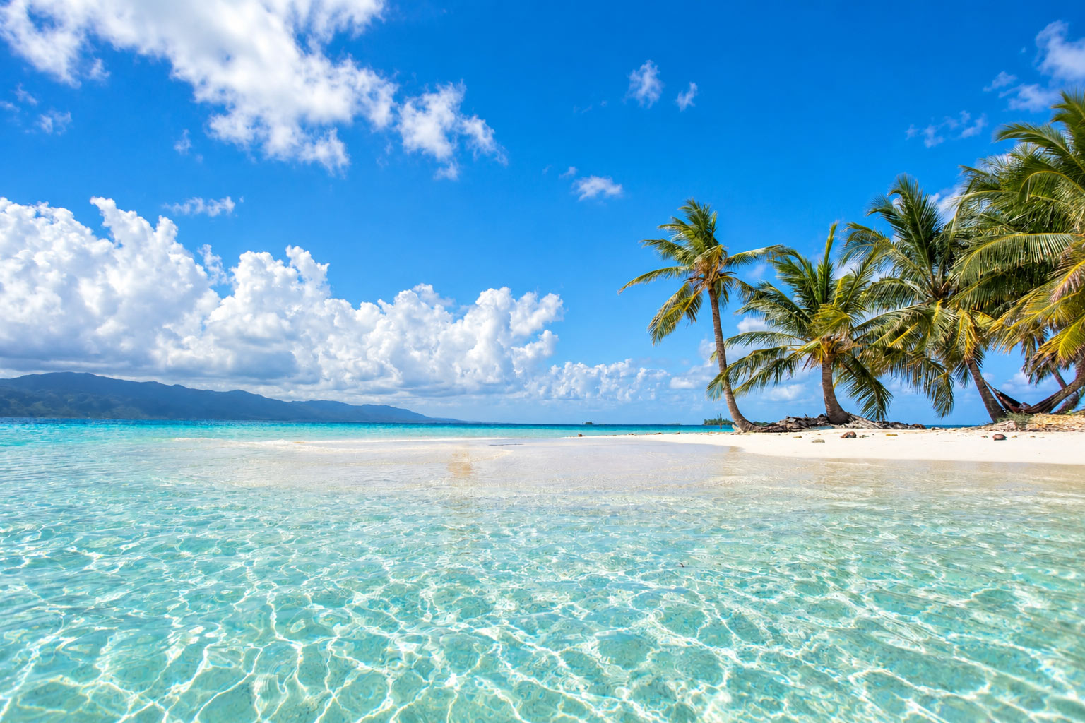 A deserted San Blas sandbar with leaning palm trees and turquoise water